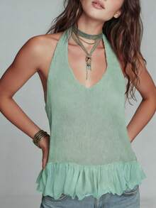 Áo dệt kim nữ thời trang và thanh lịch phong cách đô thị hiện đại mùa xuân/hè; Áo dệt kim cổ yếm màu xanh bạc hà; Áo không tay cổ yếm hở lưng, kiểu dáng mềm mại, bồng bềnh, sẵn sàng cho mùa hè; Hoàn hảo cho mặc hàng ngày và du lịch; Trang phục công sở thường ngày dành cho nữ; Áo thường ngày mùa hè dành cho nữ; Áo màu xanh lá cây dành cho nữ - Màu xanh Bạc hà - Xem 3