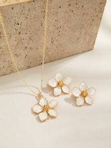 Set de collar y aretes con flor esmaltada blanca, joyería de estilo romántico francés, adecuada para uso diario, trabajo y vacaciones - Multicolor - Ver 6