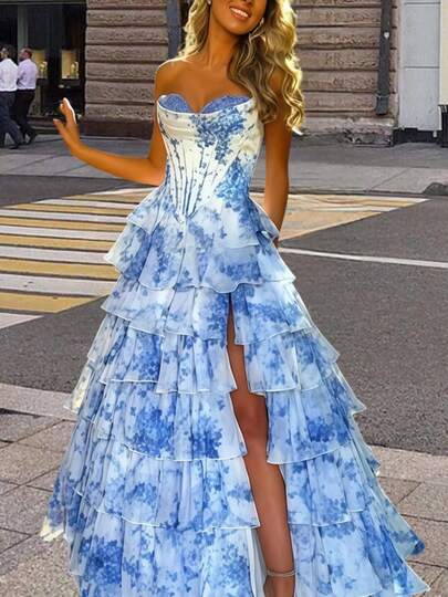 New Fashion Strapless Slim-Fit Tiered Dress With Pleats And Slit Evening Gown