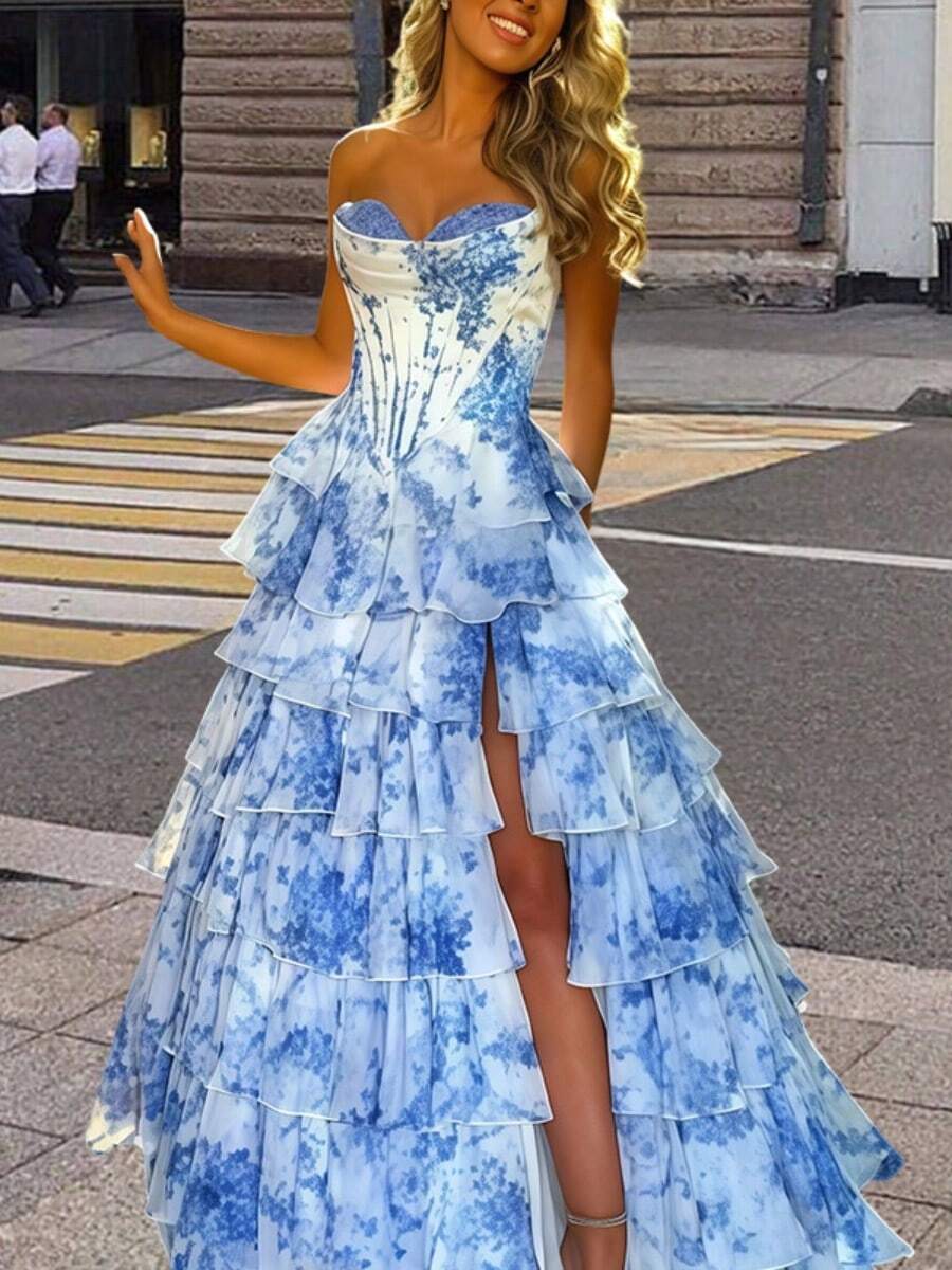 New Fashion Strapless Slim-Fit Tiered Dress With Pleats And Slit Evening Gown - 天藍色 - 查看 1
