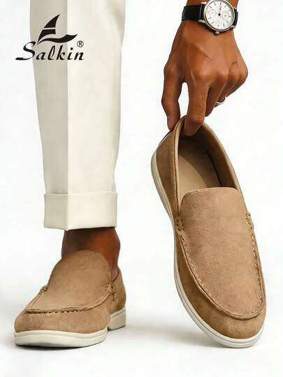 Salkin 设计师时尚男士一脚蹬乐福鞋，纯色仿麂皮休闲鞋，柔软、透气、防滑、平底，适合休闲、正式、商务、派对、婚礼、春夏/秋季，加大码可选，请订购大一码 Old Money Chic 秋季
