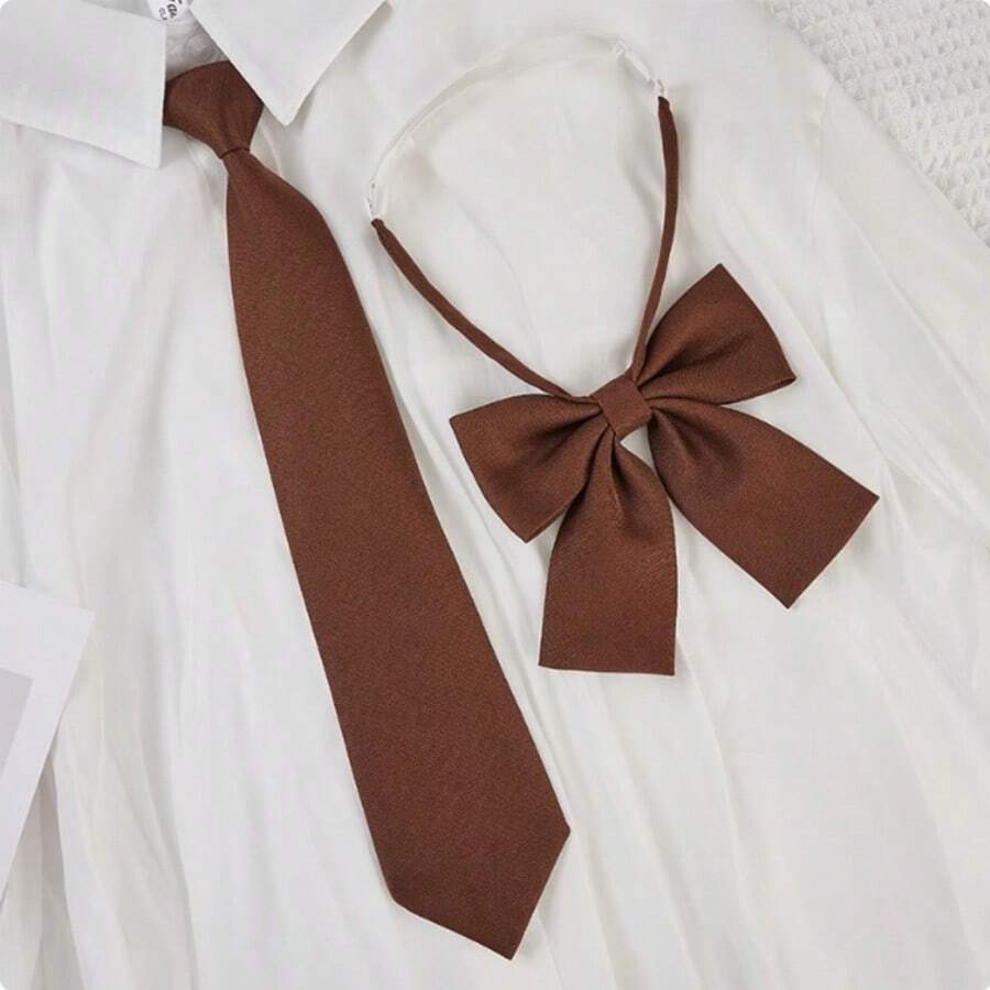 Dasi Longgar Tanpa Ikatan Warna Polos, Set Aksesoris Dasi Kemeja Seragam Sekolah Gaya Jepang, Festival, Perjalanan, Disko, Pakaian Wisuda - Rust Brown - View 1