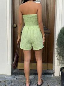 Women's Green Textured Ruched Bandeau Jumpsuit, Strapless Cinched Waist Bubble Crinkle Romper, Backless Tie-Front Bandeau Jumpsuit For Spring/Summer Vacation Elegant - Light Green - View 7