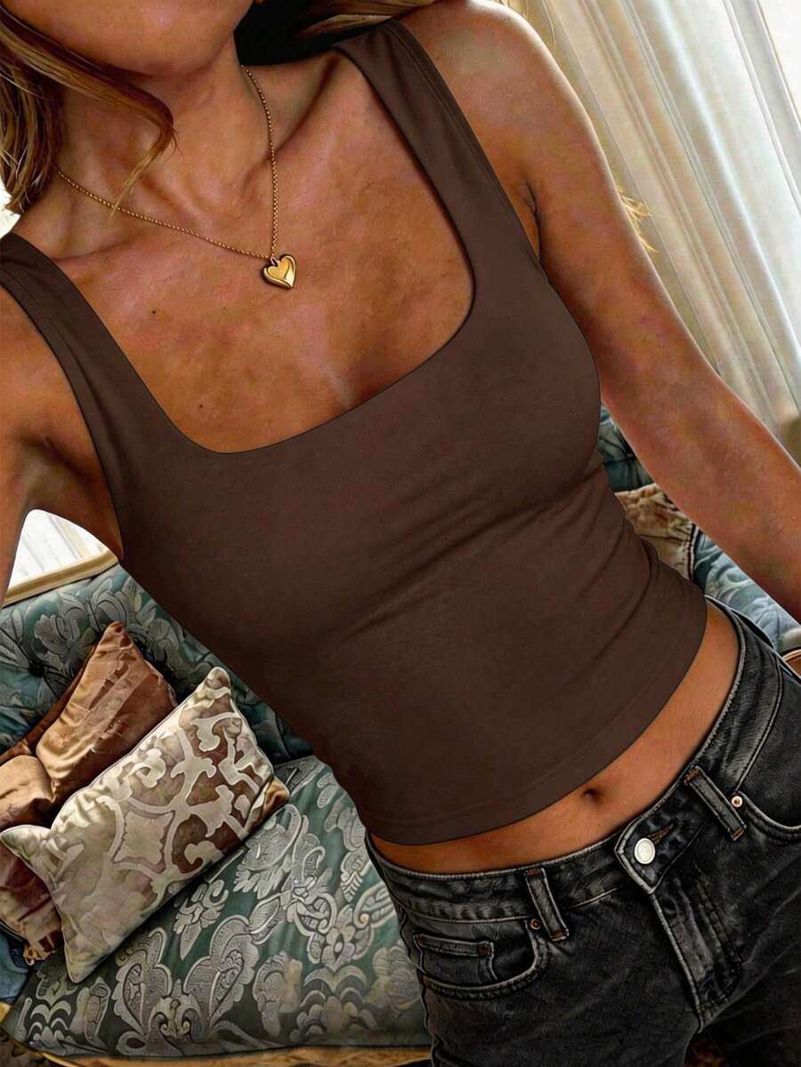 GAOVOT 女士性感露背短款上衣，Y2K 风格休闲吊带背心，夏季款 - 棕色 - 查看 1