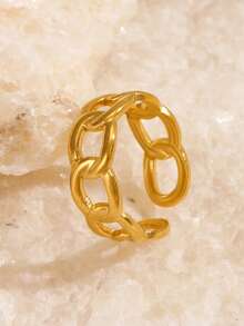1pc Stainless Steel Fashionable Geometric Chain Open Ring, Suitable For Daily Wear - Gold - View 3