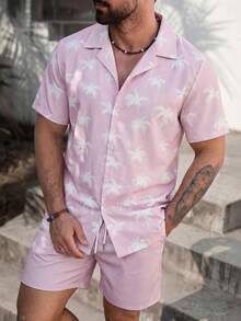 Men's Summer Coconut Pattern Short Sleeve Shirt And Shorts Beach Set - Multicolor - View 1