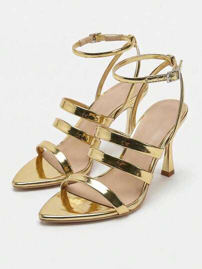 Gold Thin Strap Pointed Toe High Heel Sandals, Adjustable Ankle Strap, Minimalist Comfortable Versatile Summer Shoes For Women