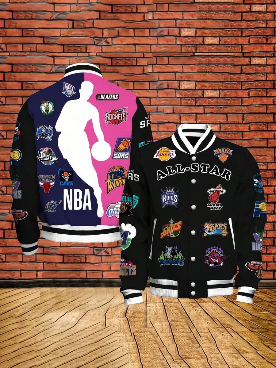 Nb-A All Star Men's And Women's Snap Button Varsity Jacket Basketball Graphic Baseball Coat Vintage Sporty Style For Basketball Fans And Gift Lovers - Màu hỗn hợp - Xem 1
