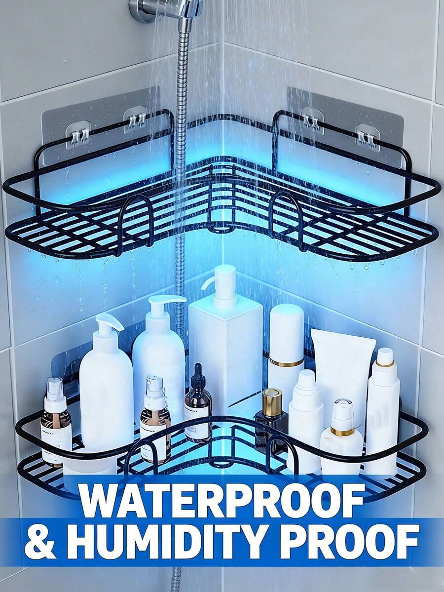 [Durable Black Shower Shelf] 2pcs Modern Sleek Bathroom Corner Storage Racks, Multi-Compartment Wall-Mounted Bathroom Organizer, Rust-Proof Sturdy Corner Shelves For Shampoo, Conditioner, And Cosmetics,No-Drill Adhesive Installation Shower Caddy,