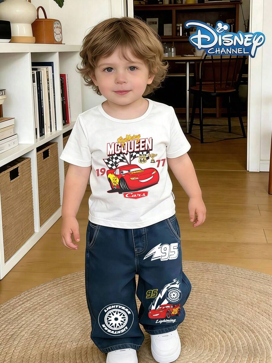 Disney's *Cars* Lightning McQueen (#95) Infant Denim & T-Shirt Two-Piece Set-Ideal For Spring/Summer Casual Wear, Vacation Outfits, Country-Bohemian Styles, Beachwear, Western Streetwear, And Rave Parties. - trắng - Xem 1