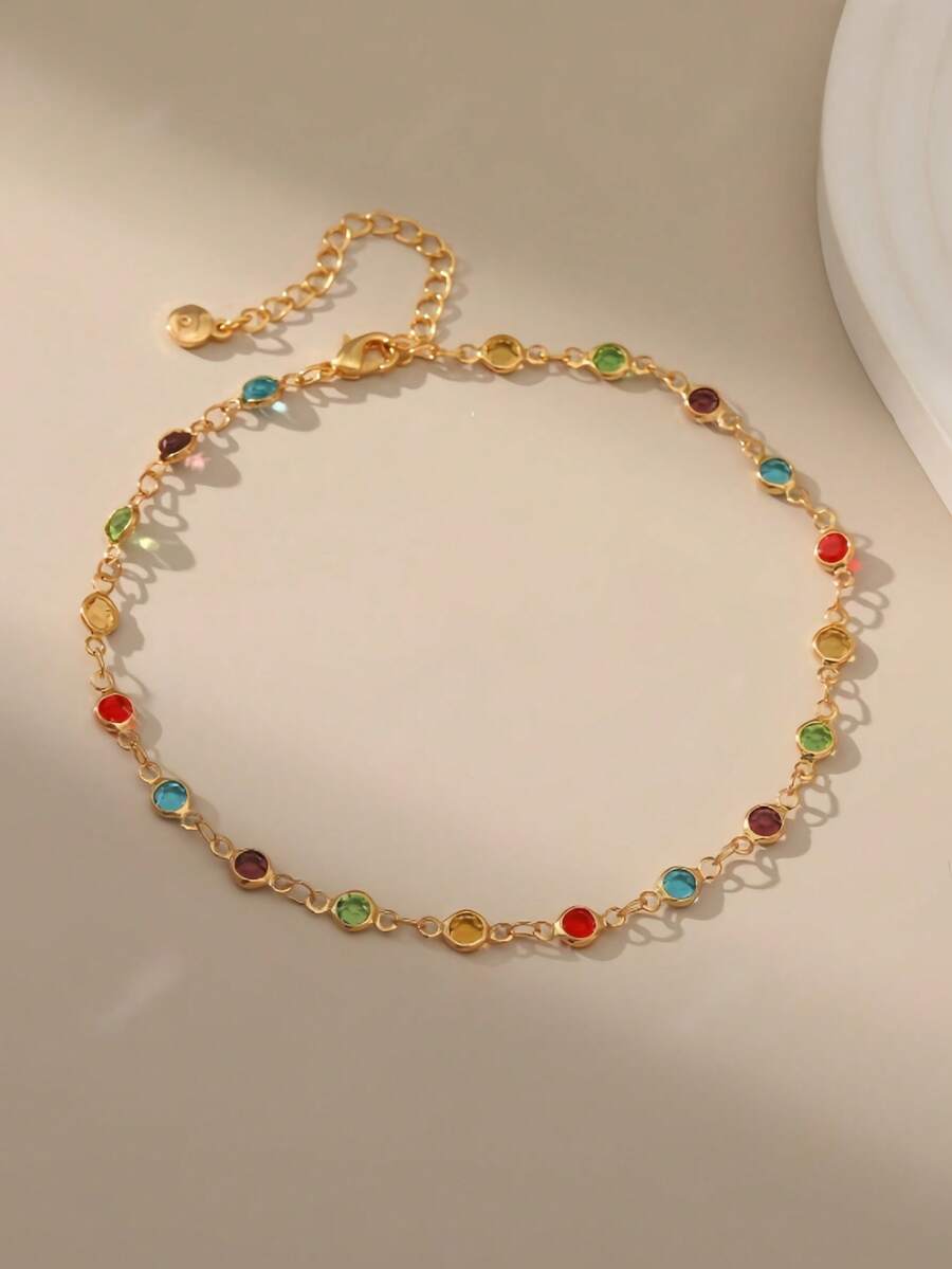 1pc 18K Colorful Zirconia Chain Anklet - Yellow Gold - View 1