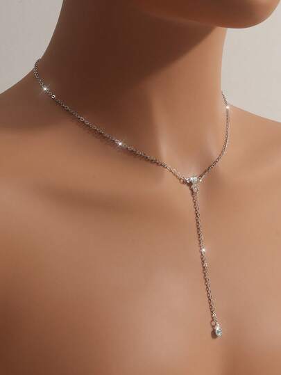 1pc Silver Y-Shaped Pendant Necklace With Rhinestones, Bridal Necklace, Wedding Necklace, Mother's Necklace, Elegant Party Gift