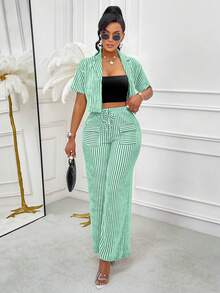 Conjunto de 2 piezas de camisa y pantalones a rayas de verano casual para mujer Amarilo, con estampado floral aleatorio - verde menta - Ver 4