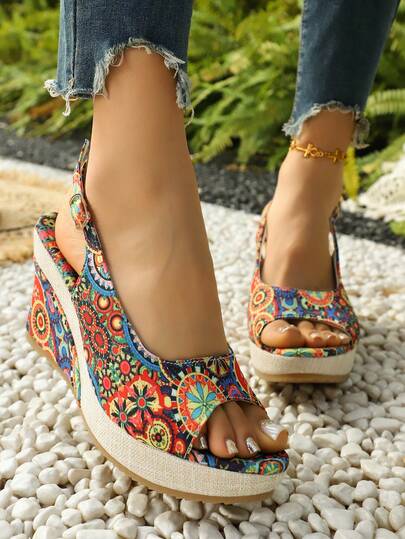 New Women's Versatile Vacation Party Casual Slip-On Beach Sandals, Bohemian Style Open Toe High Heel Thick Sole Color Block Sandals For Summer