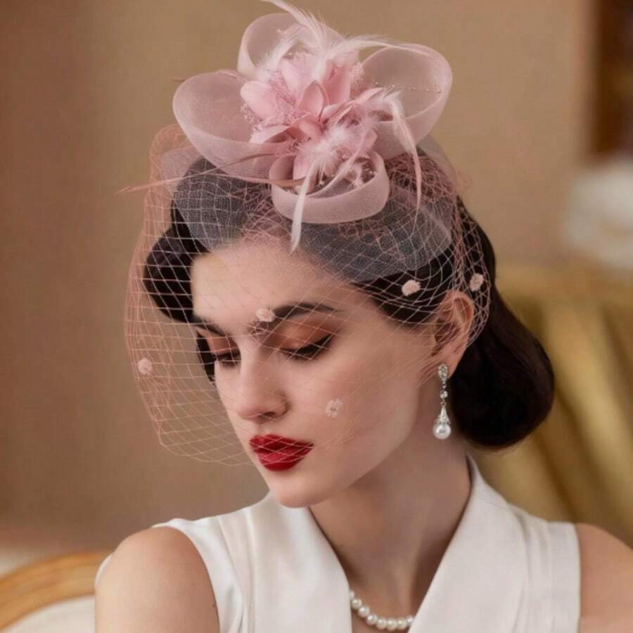 1pc Women's Elegant Small Hat, Suitable For Tea Parties, Galas, Etc. 2026 New Arrival Vintage 1950s Kentucky Derby Style With Feather Hair Clip, Suitable For Brides, Weddings, Parties, Birdcage Veil Headpiece, 1920s Floral Style Small Hat - Style a - View 1