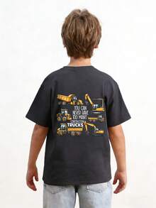 Young Boy Excavator Print T-Shirt, Soft And Comfortable Fabric, Suitable For Boys Outdoor Sports, Casual Wear, Street Style, Campus Style, Fashionable Boys Spring/Summer Casual Versatile Top - Dark Grey - View 2