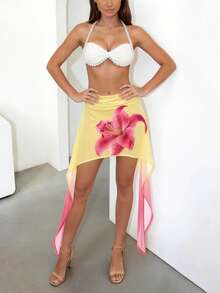 DOUCIU 时尚印花高腰修身不对称下摆半身裙，夏季海滩度假风 - 黃色 - 查看 3