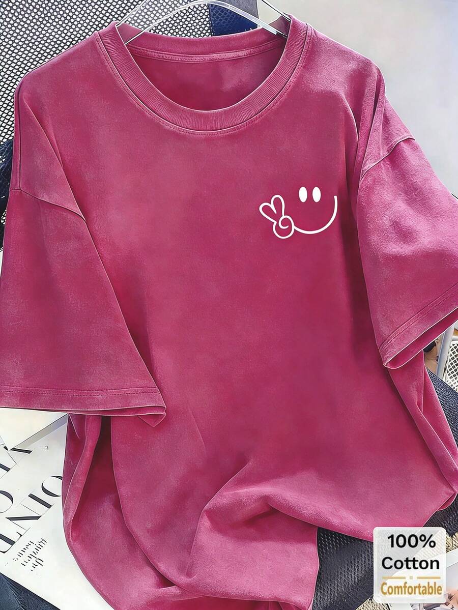 2026 Oversized Vintage Black Cotton Shirt With Face Print, Loose Fit,Vintage Washed Cotton Loose-Fit T-Shirt, Cute Face And Heart Print - 玫紅色 - 查看 1