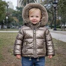 Girls' Puffer Jacket With Hood And Fur - Sizes 1, 2, And 3 - 金色 - 查看 1