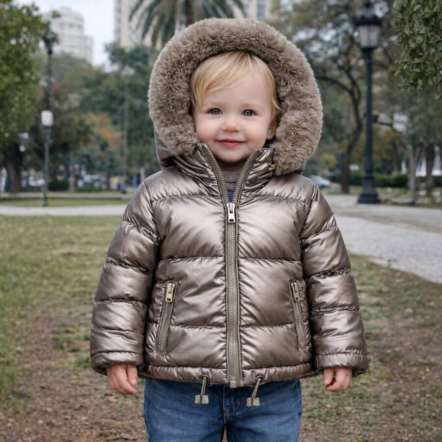 Girls' Puffer Jacket With Hood And Fur - Sizes 1, 2, And 3 - 金色 - 查看 1