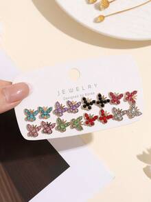 16pcs Luxury Colorful Zirconia Flower & Butterfly Stud Earrings Set, Minimalist Rhinestone Earrings For Women - Colorful - View 4