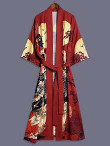 大码宽松日式传统印花中长款七分袖和服罩衫，女士优雅街头休闲罩衫，沙滩/旅行轻便睡袍，家居服长款连衣裙 - 紅色 - 查看 2