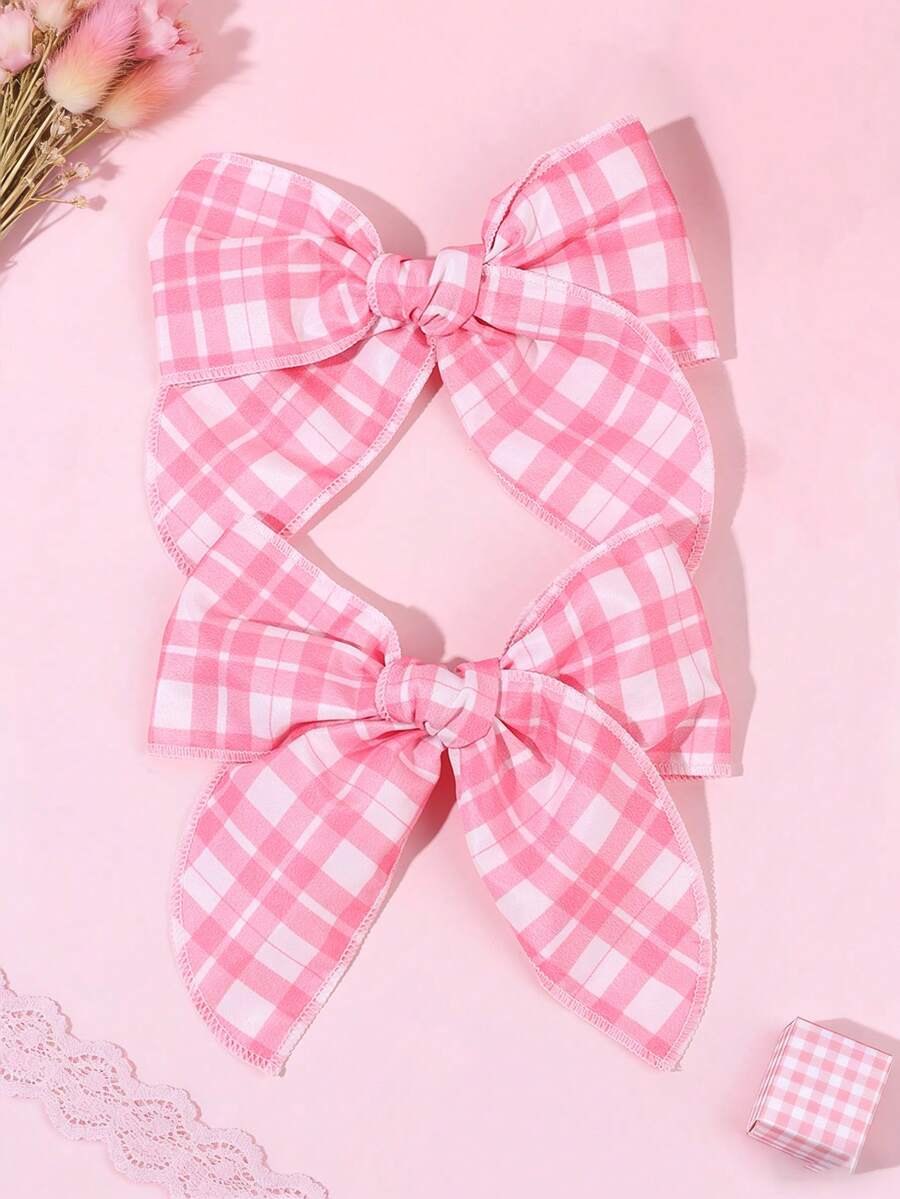 2pcs Girls Pink Plaid Crocodile Hair Clips, Elegant Sweet Hair Accessories For Party, Daily, Holiday, Wedding, Gift For Teens - Pink - View 1