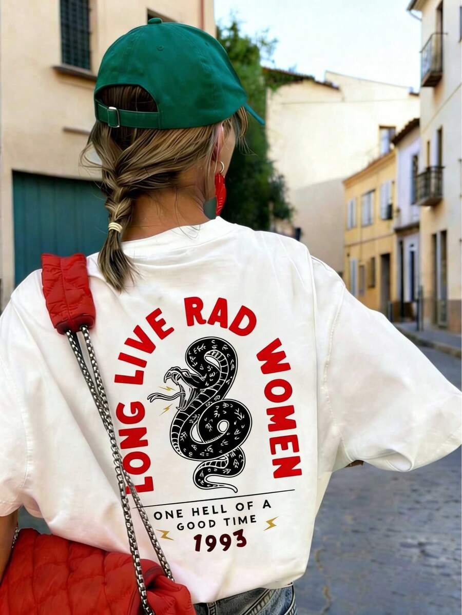 女士夏季短袖标语蛇纹印花T恤 - 白色 - 查看 1