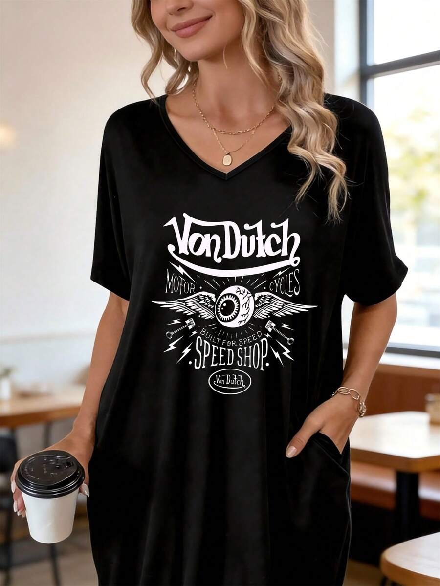 Von Dutch Motorcycle Speed Shop Women's Black V Neck T Shirt With Pocket And Graphic Print - 黑色 - 查看 1