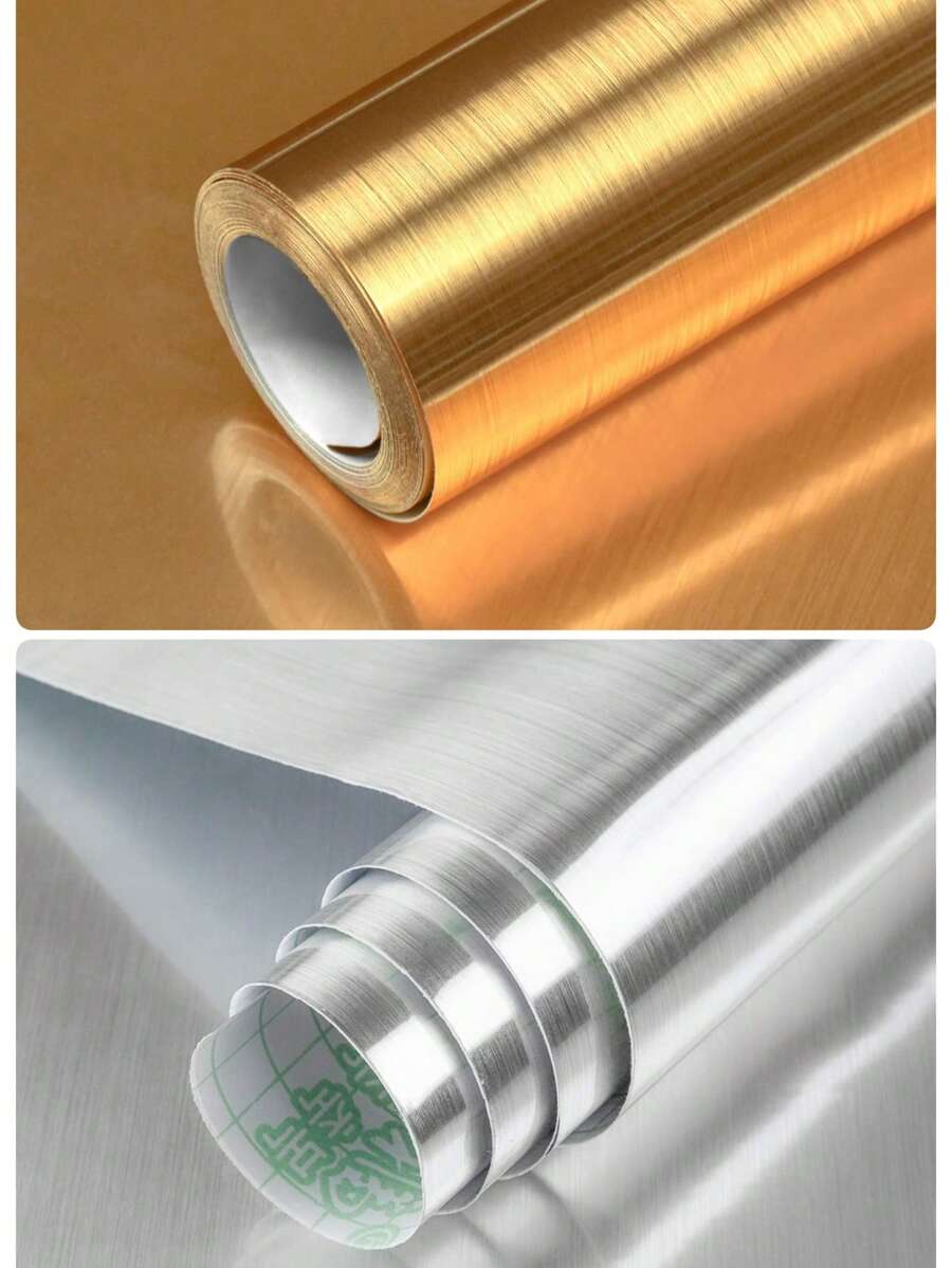 1卷金色金属质感自粘墙纸，PVC材质，适用于橱柜、浴室、家具装饰，防水、易清洁、耐用、可移除，尺寸为15.7英寸 x 39.3英寸/118.1英寸/196.8英寸