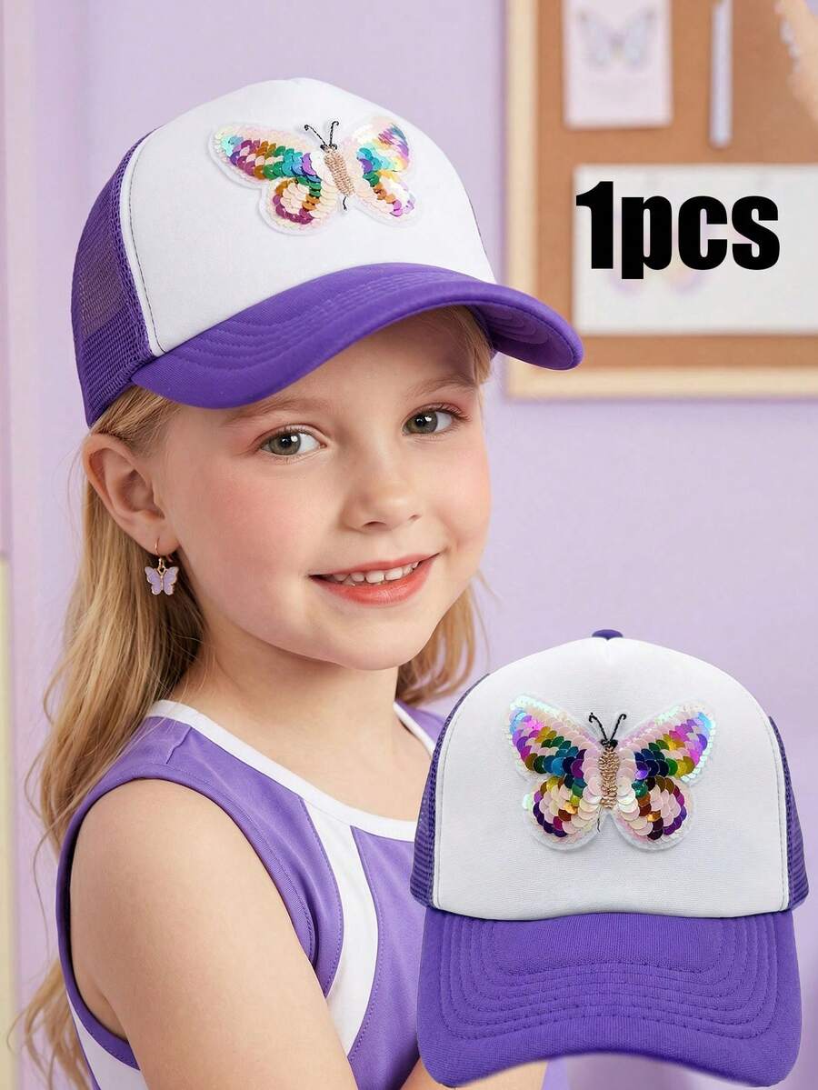 1pc Girls' Purple Sequin Butterfly Mesh Brimmed Baseball Cap, Breathable & Comfortable, Suitable For Summer Running, Golf, Hiking, Outdoor Sports, Adjustable Strap - 1PC - View 1