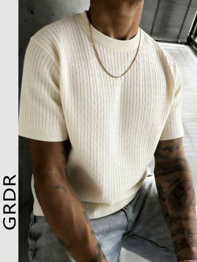 GRDR Camiseta de manga corta de punto de estilo minimalista y casual de cuello redondo para hombre, verano