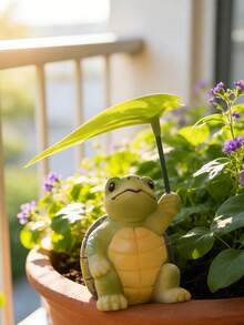 1PC Cute Resin Turtle & Frog Figurine With Leaf Umbrella, Mini Garden Statue For Outdoor Patio, Yard, Lawn, Flower Pot, Bonsai, Micro Landscape, Home Desk Decor, Whimsical Animal Ornament Gift. - Multicolor - View 2