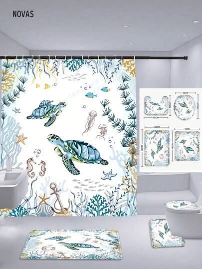 1/3/4件套海洋生物浴室套装，海龟和珊瑚图案浴帘和地毯，可机洗浴缸帘配件，适合海滨别墅，完美适用于家居/卧室/客厅/家用物品/夏季