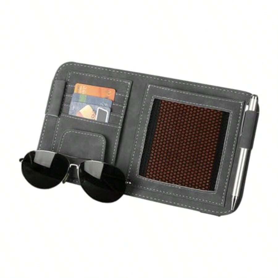 Organizador de visera para coche soporte para tarjetas de piel soporte multifuncional para documentos con clip de lentes de sol organizador universal para el interior del coche para licencia de - Grande Gris - Ver 1