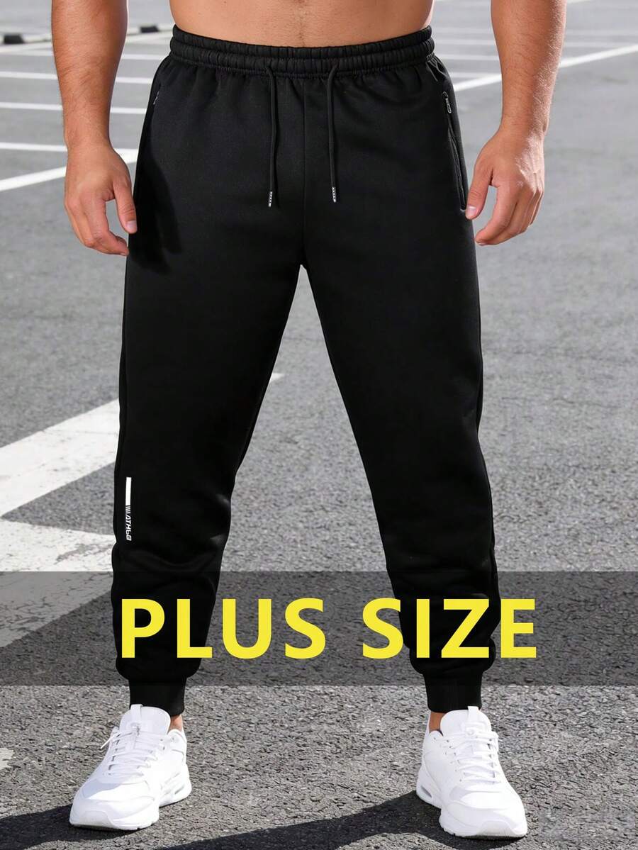 Plus Size Men's Solid Color Printed Knit Jogger Pants, Lightweight Drawstring Casual Outdoor Hiking Travel Running Workout Trousers Sports - Black - View 1