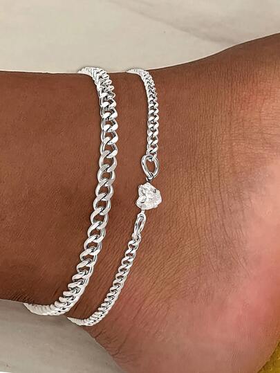 Bộ 2 chiếc/1 set vòng chân bằng thép không gỉ đính đá hình trái tim đơn giản, thích hợp làm quà tặng hẹn hò, du lịch hoặc đeo hàng ngày cho nữ, kiểu dáng tối giản màu vàng hồng và bạc, thích hợp để đeo nhiều lớp mỗi ngày, trang sức mùa hè đi biển cho nữ.