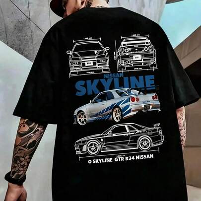 Camiseta de Nissan Skyline GTR R34 para Hombre: Diseño de Automóvil Japonés + Estampado de Letras. Manga Corta, Cuello Redondo, Ideal para Uso Informal sch  00  saddest shirts