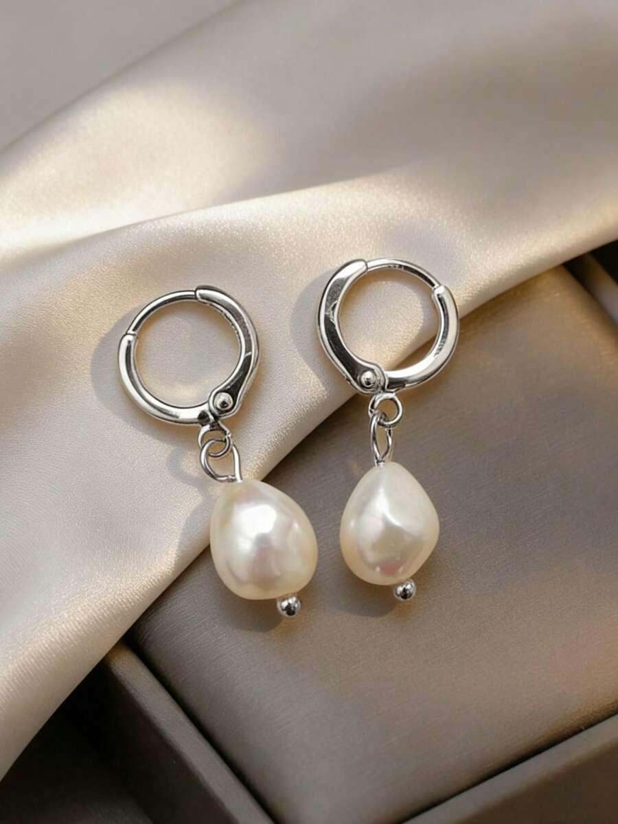 1 Đôi bông tai mặt dây chuyền ngọc trai giả bất đối xứng, trang sức cao cấp phù hợp cho phụ nữ đeo hàng ngày. - Bạc - Xem 1