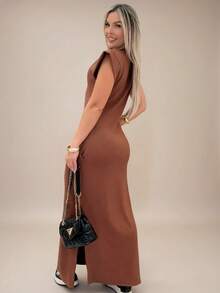 Ribbed Women's Long Dress, Musclete Style, Ribbed Sleeves, Muscle Fashion, Black/Brown, With Side Slit And Functional Pockets, Straight Cut And Great Fit. - 鏽棕色 - 查看 3