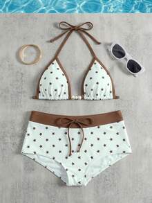 Bộ bikini 2 món thời trang và dễ thương in hình ngôi sao, áo yếm cổ yếm và quần short, đồ bơi đi biển phối màu tương phản dành cho nữ, phong cách gợi cảm kiểu Âu Mỹ, thích hợp cho kỳ nghỉ hè và ngày lễ tình nhân. - Màu Khaki - Xem 5