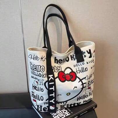 SANRIO 1个三丽鸥Hello Kitty涂鸦印花帆布手提包，大容量帆布单肩包，配有撞色肩带，休闲日常通勤和购物手提包 - 送给女孩和三丽鸥粉丝的完美情人节礼物
