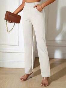 Solid Slant Pocket Straight Leg Pants Spring Elegant - Màu be - Xem 8