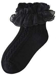 1 Pair Girls' Fluffy Lace Trim Socks, Cute Princess Dance Tights - Black - View 4