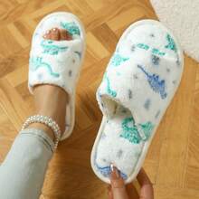 New Dinosaur Pattern Plush Slippers, Casual Open Toe Soft Couple House Slippers, Comfortable EVA Sole And Fabric Insole, Suitable For All Seasons, Unisex - Little Dinosaur, White - View 4