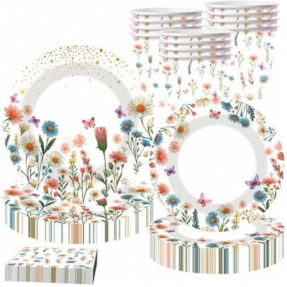 10pcs Wildflower Themed Party Supplies, Including Paper Plates, Napkins And Mugs, Disposable Spring Floral Design, Suitable For Parties, Birthdays, Spring/Summer Picnics, Weddings, Afternoon Tea, Etc., For 10 Guests.