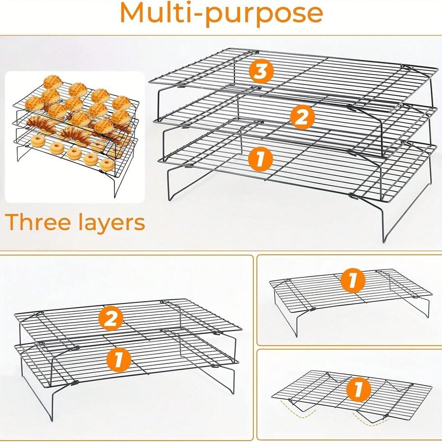 Rejilla de enfriamiento apilable de 1/2/3 niveles, material de acero inoxidable, rejilla de horneado plegable, adecuada para enfriar pasteles, galletas, pizza, carne, pan, antiadherente y fácil de limpiar, uso en múltiples escenarios - regalo ideal para entusiastas de la repostería y inauguración de casa