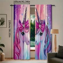 2pcs Pink Unicorn Pattern Semi-Blackout Curtains, No Drill Rod Design, Rod Pocket Hanging, Classic Style For Living Room, Kitchen, Home Decor, Room Divider, Made Of Polyester, Machine Washable - Multicolor - View 14