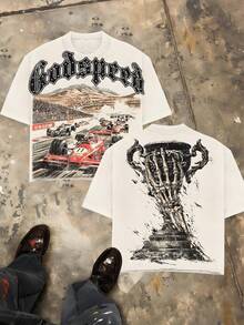 Godspeed F1 Racing Graphic T-Shirt Men, Vintage Skeleton Trophy Oversized Tee, Streetwear Casual Summer Top,Street Short-Sleeve Top, American Dark Hardcore Style Apparel, Spring Summer Crew Neck Top, Suitable For Summer Daily Casual Wear - 白色 - 查看 1