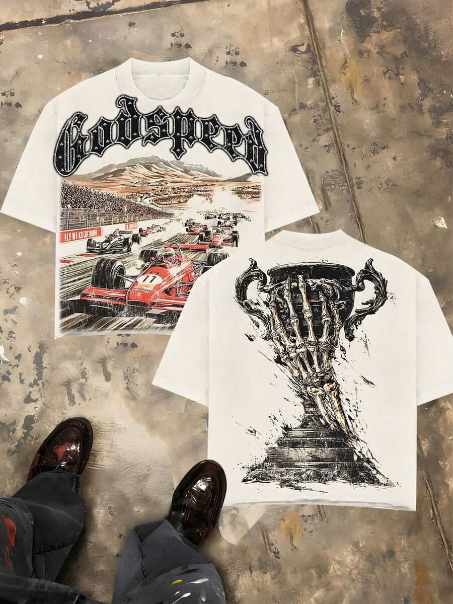 Godspeed F1 Racing Graphic T-Shirt Men, Vintage Skeleton Trophy Oversized Tee, Streetwear Casual Summer Top,Street Short-Sleeve Top, American Dark Hardcore Style Apparel, Spring Summer Crew Neck Top, Suitable For Summer Daily Casual Wear - 白色 - 查看 1